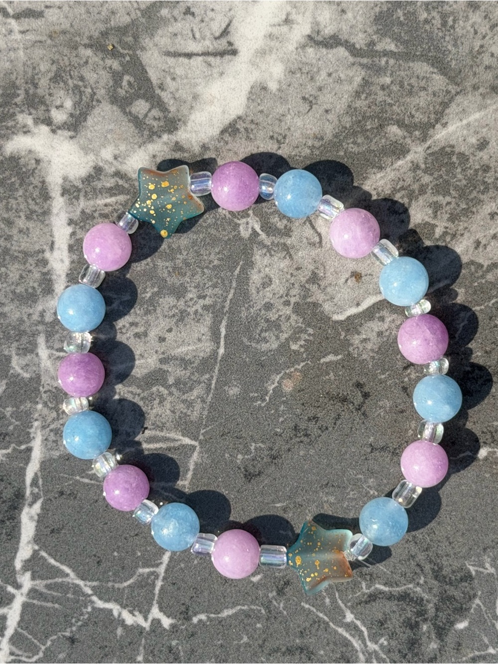 Crystal gemstone and glass beaded stretch bracelet- Blue & Purple with stars